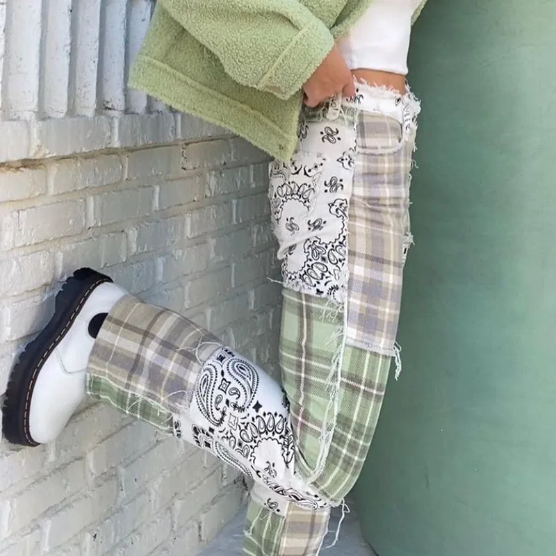

Streetwear E-girl Patchwork Jeans Women Cargo Green Pants Mom Y2K Jeans Baggy Graphic Checkerboard 90S Jean Mom Denim