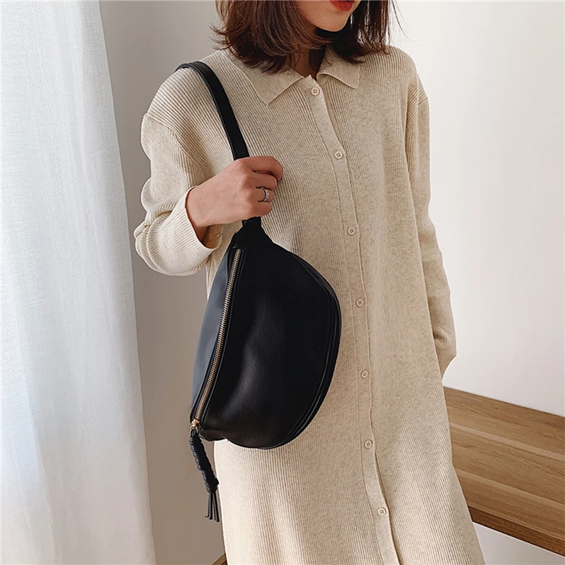 

PU Leather Waist Bag Women Large Capacity Zipper Casual Chest Bags Solid Color Fashion Ladies Travel Waist Pack