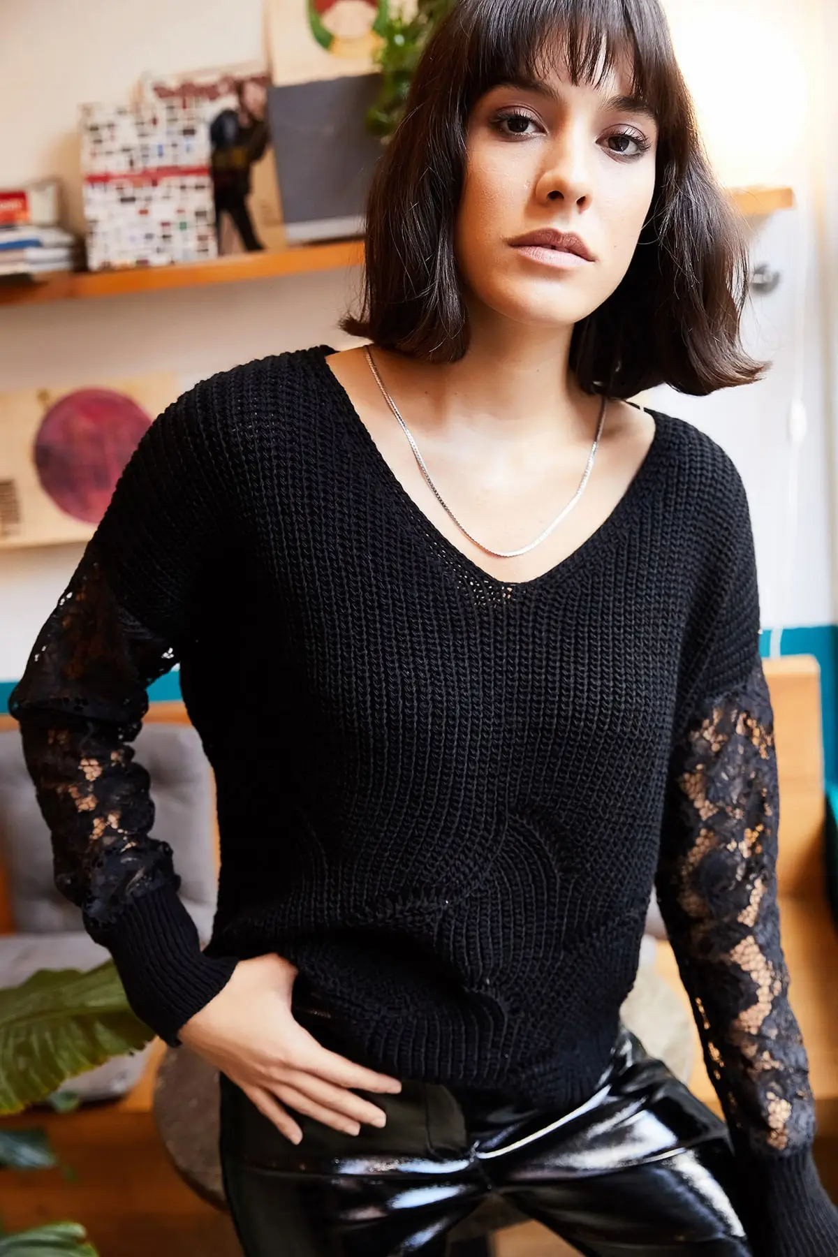 Women Black Sleeve Knitted Sweater Lacy openwork Women Sweater 2021