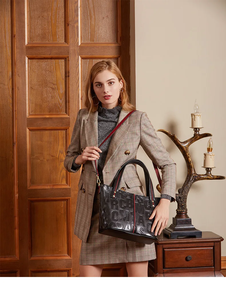 Wmnuo Brand Bag Women's Tote Genuine Leather Handbag For Women Cow Personality Letter Embossing Ladies Shoulder Bag Two Style