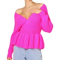 womens v neck cross ruffle sweater long sleeve knitted casual sexy jumper tops