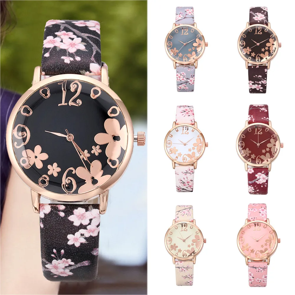 

New 2020 Watches Women Fashion Bohemia Embossed Flowers Small Fresh Printed Belt Dial Quartz Watches Casual Ladies Watches Clock