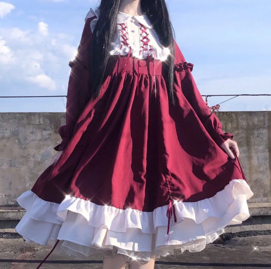 

Vintage Sweet Lolita Dress Cosplay Print Lace Bowknot High Waist Victorian Princess Dress Kawaii Girl Gothic Lolita Tea Party