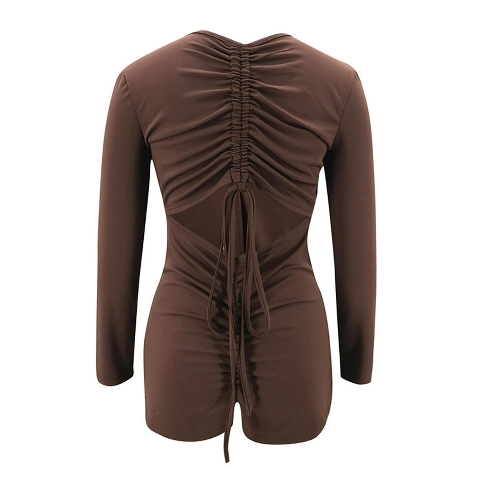 

2021 New Women Sexy Skinny Rompers Brown Long Sleeve Deep V-neck Solid Color Tight One-piece Playsuits Backless Summer Clothes