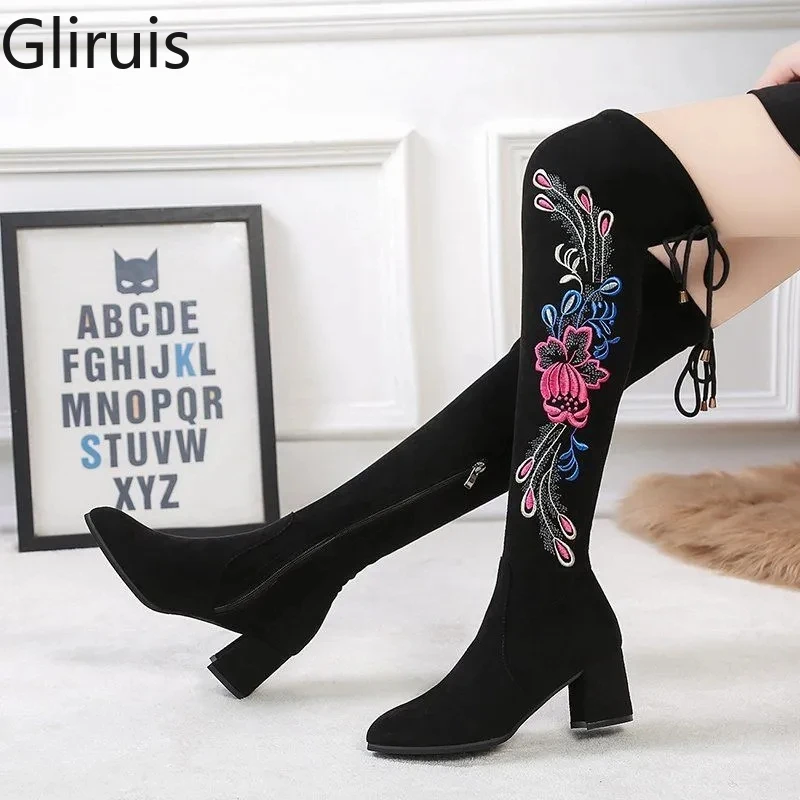 

Sexy Luxury Thin Heel Women's Shoes Women Over Knee Boots Embroidered Thigh Boots 2021 Winter Fashion Women's Long Boots