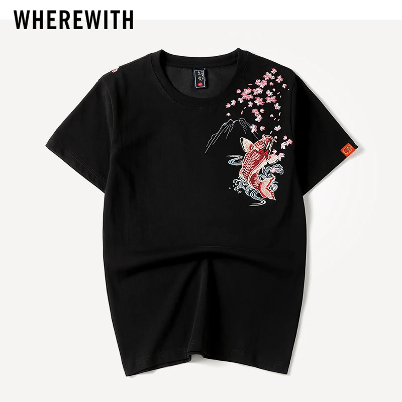 

Men's Clothing Summer Cotton T Shirt Top Harajuku Japanese Streetwear Vintage Black White Brocade Carp Graphic T Fashion Homme