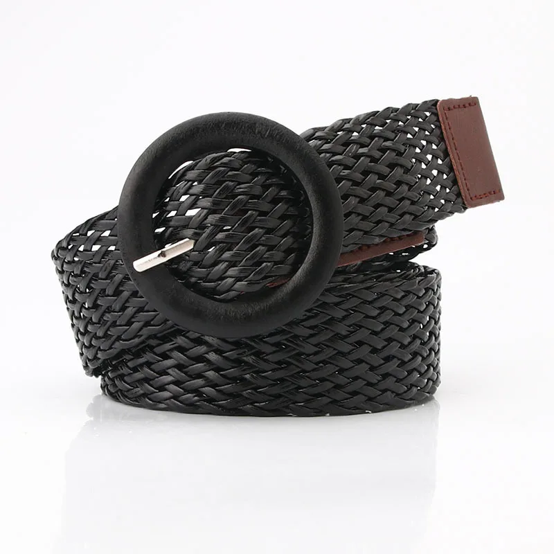 

Vintage Light Women Braided Waist Belt Round Plastic Wooden Smooth Buckle Weave Ladies Fake Straw Wide Belts 105cm