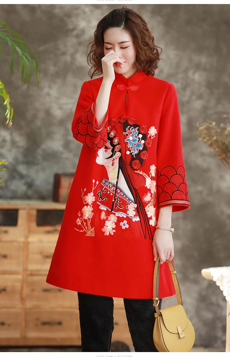 Осенне-зимние шерстяные топы cheongsam с вышивкой в стиле знаменитостей, со стоячим воротником, Свободный пуловер