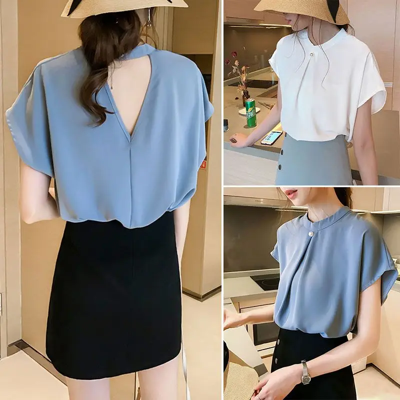 Женская рубашка большого размера с коротким рукавом жемчужная круглым вырезом