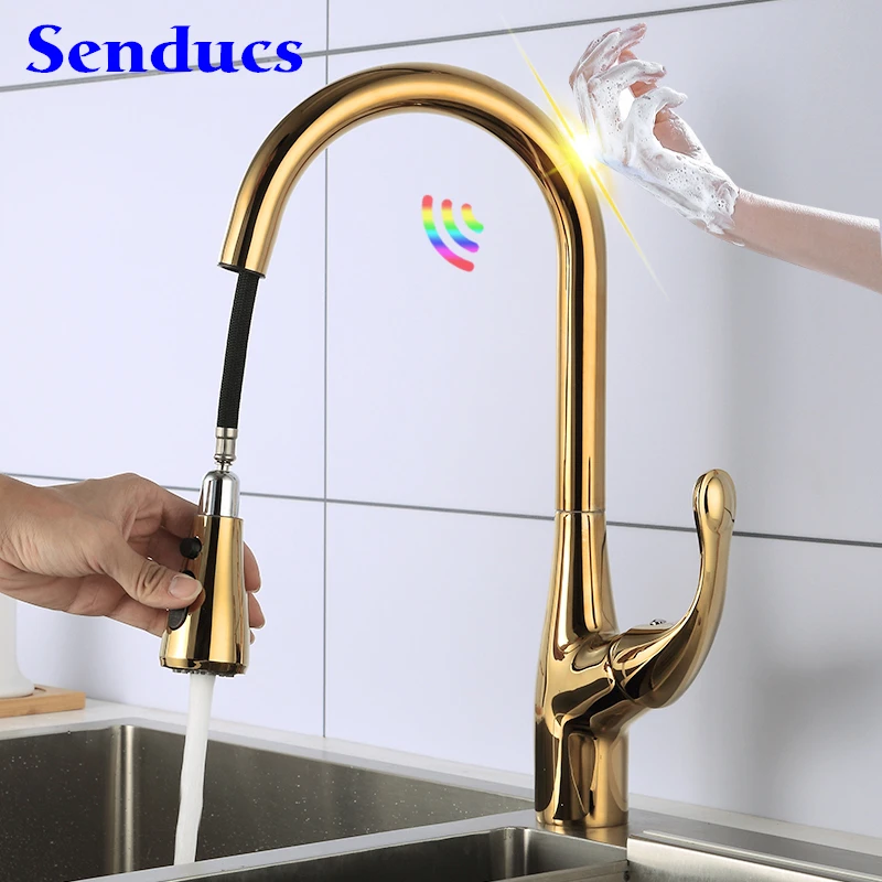 

Gold Touch Kitchen Mixer Faucet Senducs Solid Brass Pull Out Kitchen Mixer Tap Luxury Smart Sensor Touch Kitchen Faucets