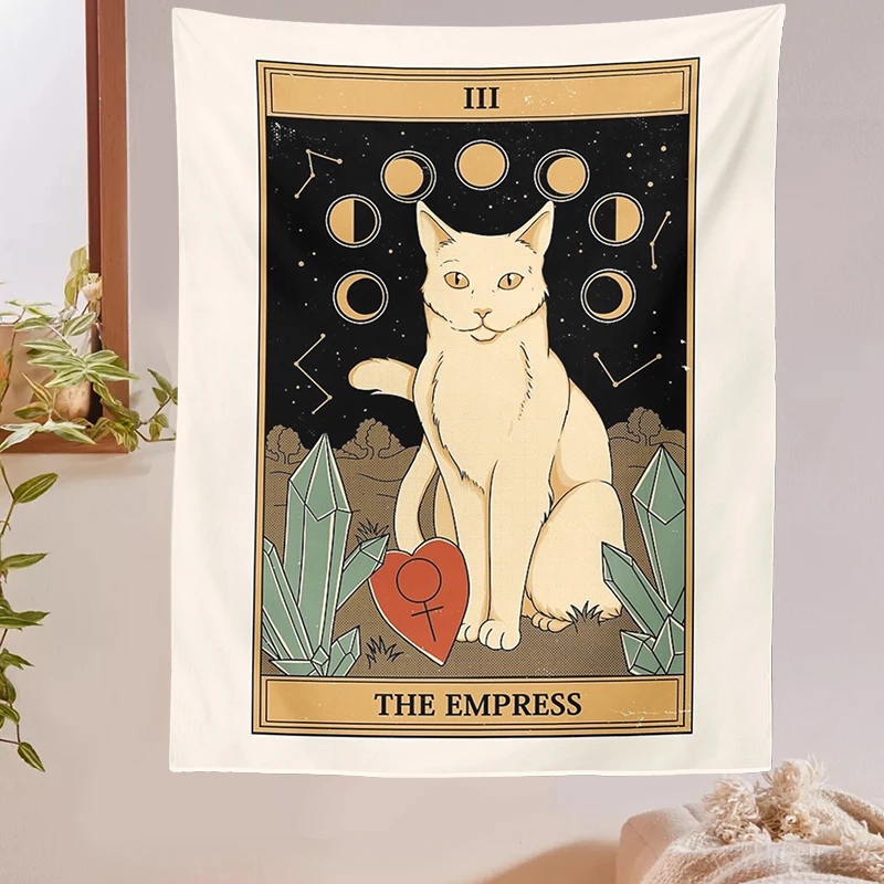 Tarot Card Tapestry Boho Wall Hanging Cat Mysterious Divination Witchcraft Beach Moon Phase Aesthetic Room Decor Mural | Дом и сад