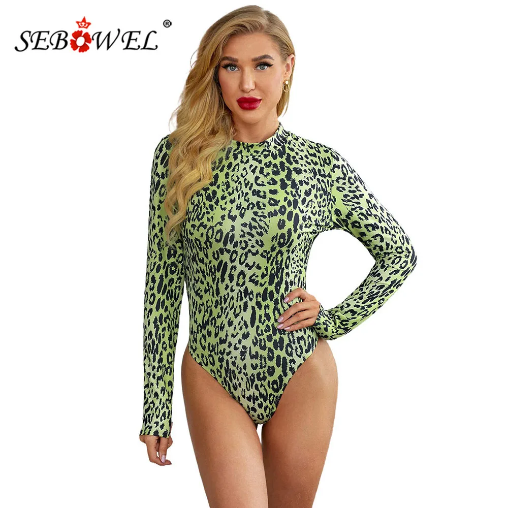 

SEBOWEL Autumn Spring Long Sleeve Leopard Print Bodysuit Women Female Sexy Slim Body Top Clothes Lady Bodycon Animal Bodysuits