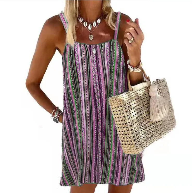 

2021 Summer New Style Hot Sale Fashion Casual Personality Striped Round Neck Sexy Halter Camisole Short Women Dresses