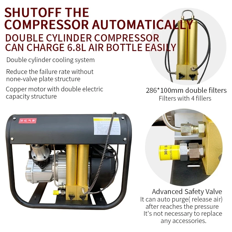 

4500Psi Pcp Pump High Pressure Air Pump Dual Cylinder Compressor Double Filter Compressor for Air Rifle Filling Gas Tank