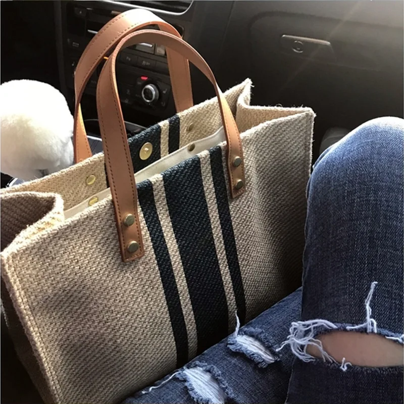 

Casual Stripe Canvas Tote Women Handbag Brands Large Capacity Shoulder Bag Commute Briefcase Shopper Bags for Women 2021 Purse