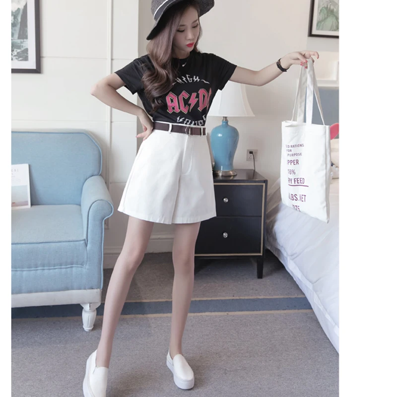 

2020 Women Wide Leg Shorts Casual Female A-line Solid Shorts with Belt Feminino Thin Shorts Summer Loose High Waist 7411 50