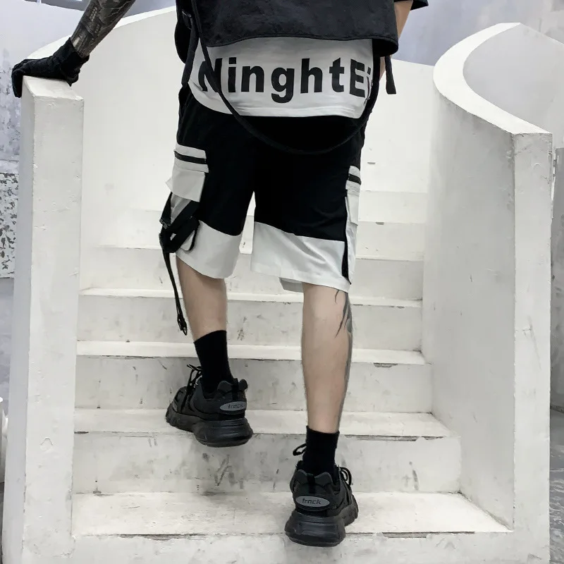 

SEVEYFAN Men's Hip Hop Cargo Shorts Big Pocket with Ribbon Fashion Street Loose Shorts for Male