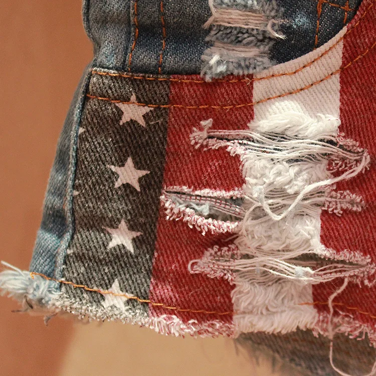 Women's Low-Rise American Flag Print Ripped Denim Shorts Jeans Mini Hot Shorts Summer Style