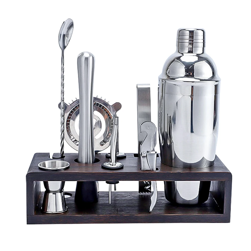 

10pcs/set Cocktail Shaker Bartender Kit Stainless Steel 750ML Professional Barware Set Bar Tool with Stylish Wooden Stand