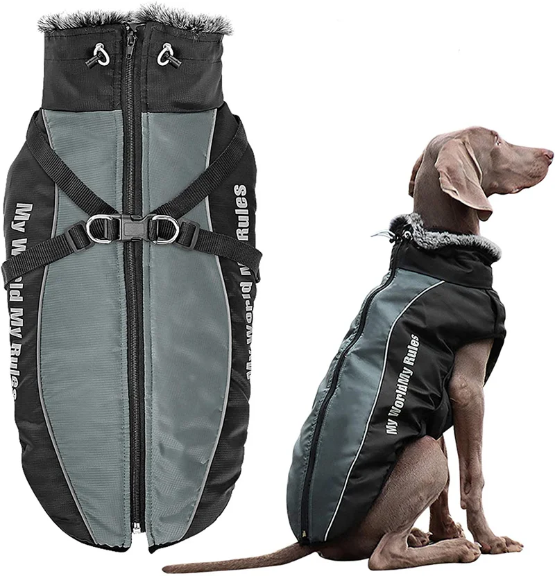 

Waterproof Dog Winter Jackets Cold Weather Dog Coats with Harness & Furry Collar,Easy Walking & Soft Warm Sports Clothes Apparel