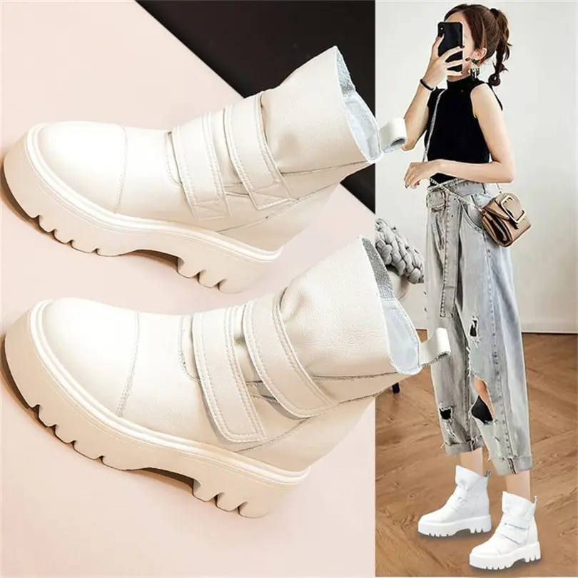 Increasing Height Military Women Cow Leather Round Toe Ankle Boots Platform Wedge High Heel Oxfords Pull On Creeper Shoes 34 -39