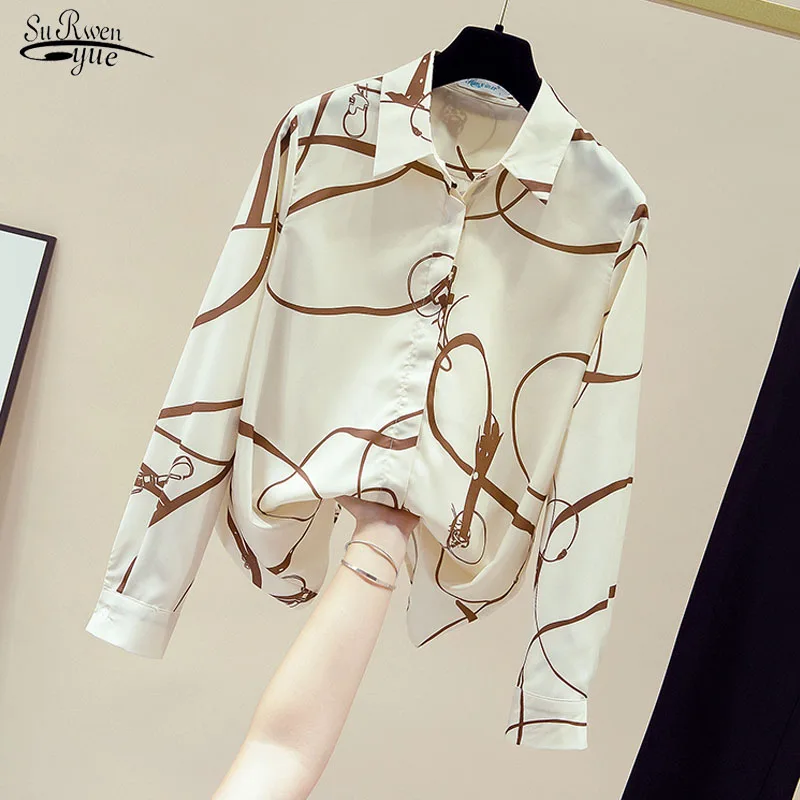 

New Silk Shirt Women Blusa Korean 2020 New Autumn Long Sleeve Casual Cardigan Print Women Blouse and Tops Chemisier Femme 11163