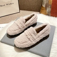 hot women thicken soled shearling loafers one band lambswool moccasins femme plus size 34 43 fur flats woman winter plush shoes
