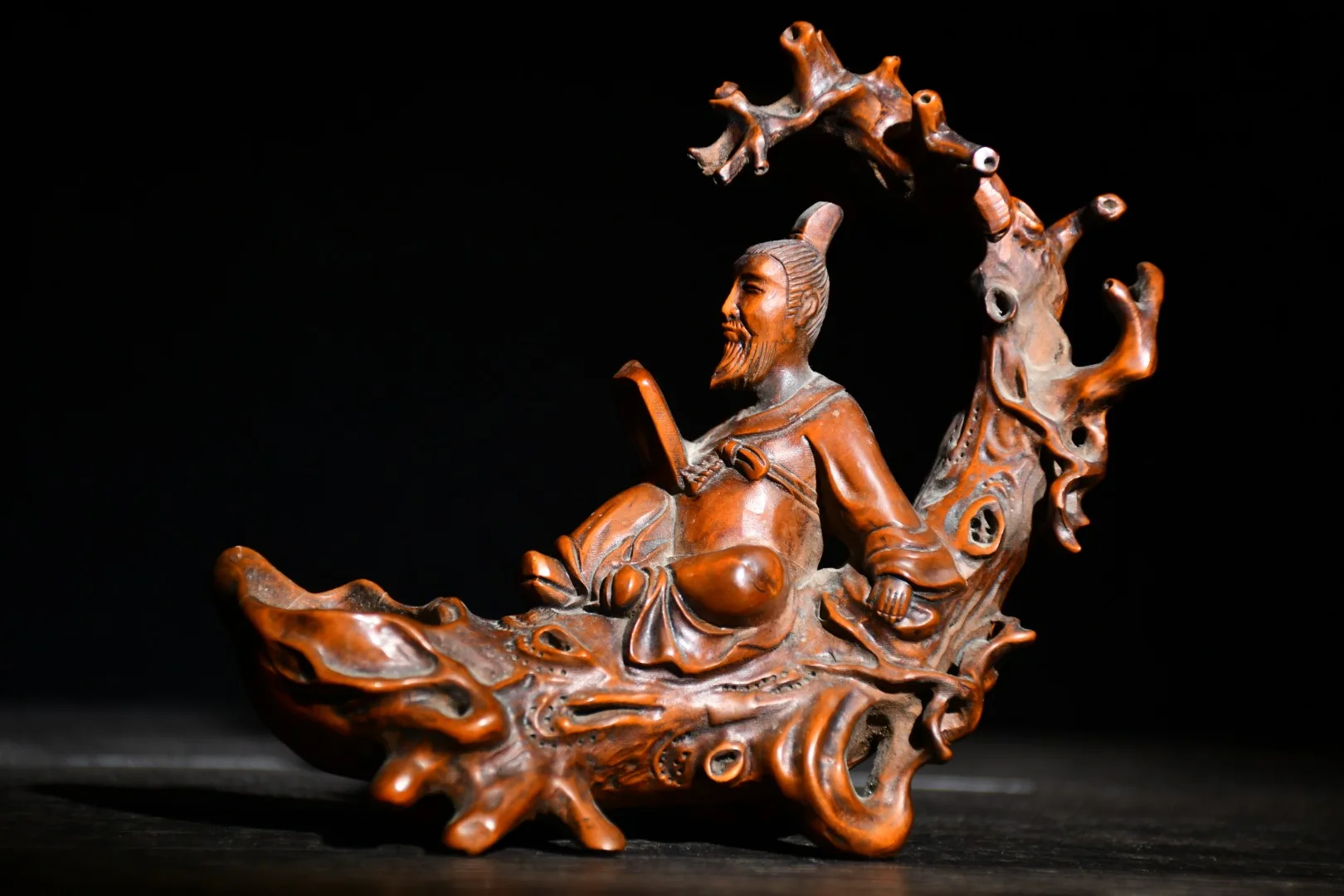 

Home Decor 6" China Lucky Old Boxwood Hand-carved Li Bai reading book statue Back to tree roots statue Poetry