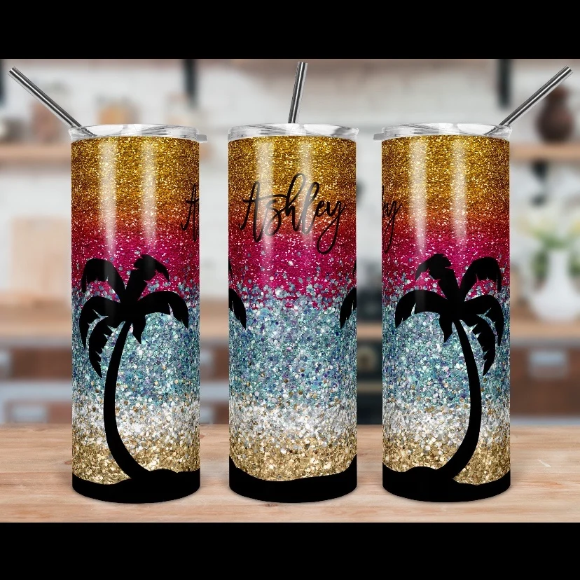 

beach sunset with palm trees glitter leopard print skinny design 20oz skinny tumbler