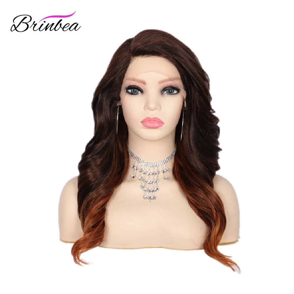 

Brinbea 18" Body Wave Lace Front Wigs Synthetic Wigs for Women Middle Long Ombre Black Brown Heat Resistant Fiber Hair
