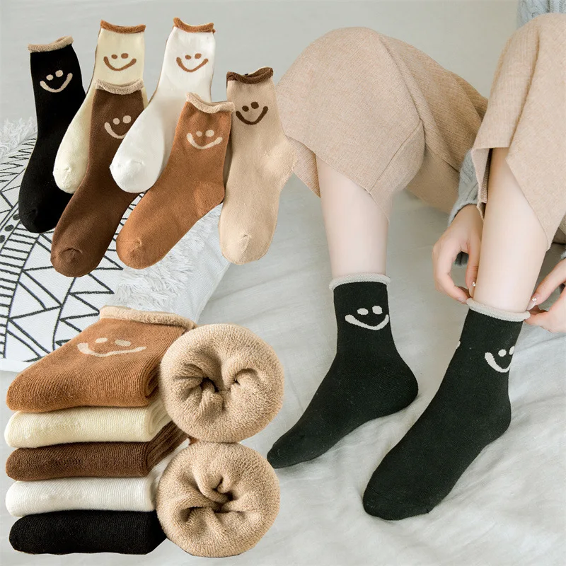 

Winter thick terry mid-tube socks women cartoon smiley face plus velvet warm napped socks women cotton socks towel socks