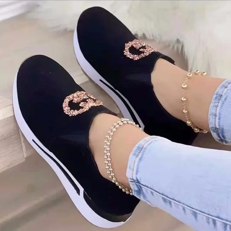 

2021 Autumn and Winter New Casual Flat Bottom Rhinestone Slip-on Pumps Women