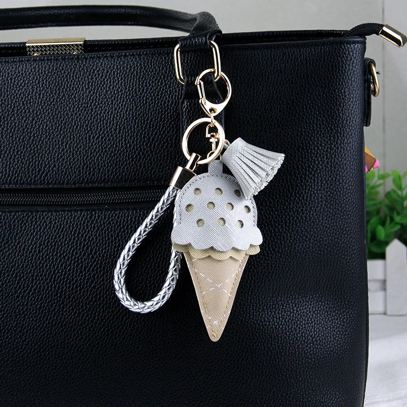 

Creativity Ice Cream Pendant Key Chains Cute Anime Leather Bags Hang Cone Car Keyring Areata Creative Men's Gift Keychain