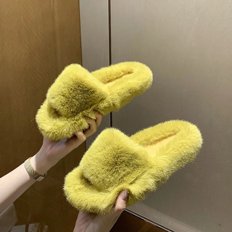 

Faux Fur Home Slippers Fluffy Women Shoes Slides Comfort Furry Flat Sandals Female Cute Indoor Slippers for Woman Flops2021