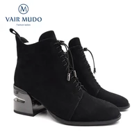 vair mudo ankle boots shoes women kid suede cross tied round toe solid strange style thick heels winter warm wool shoes dx24 c