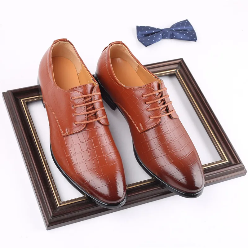 

New British Business Men Fashion Casual Leather Shoes Formal Dress Loafers Crocodile Pointed Toe Wedding Office Oxfords Lace-Up