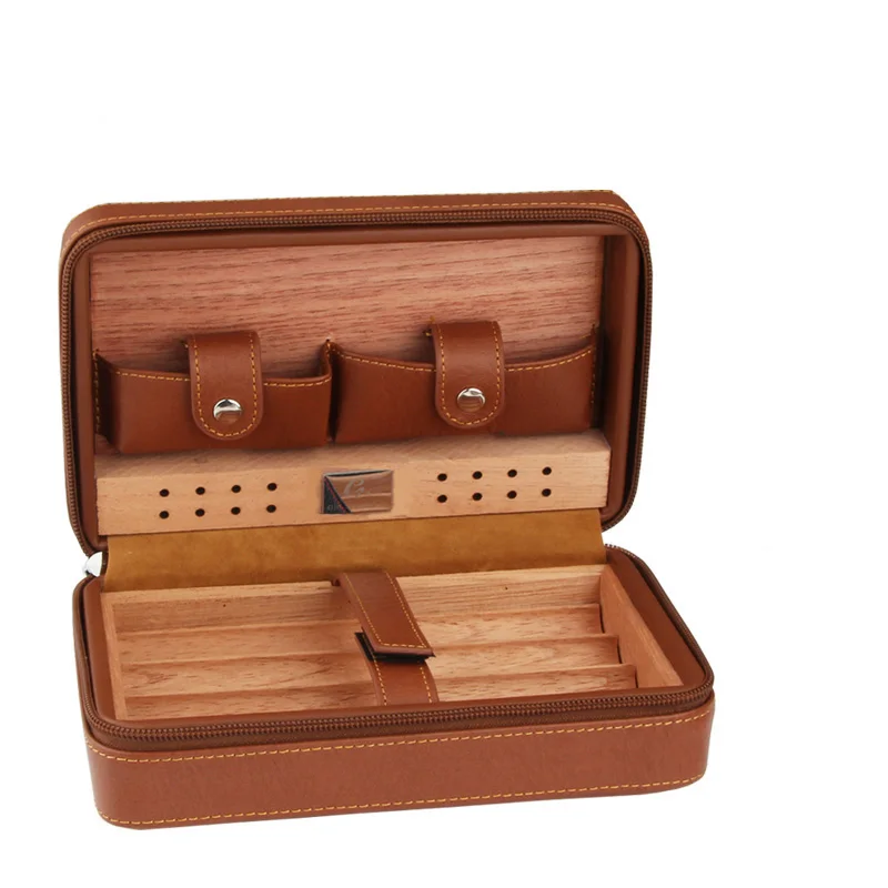 brown GALINER Leather Cigar Humidor Travel Cedar Wood Cigar Case 4 Tube Holder Sigaar Box For COHIBA Cuba Cigars Outdoor Humidor Box - Цвет: brown