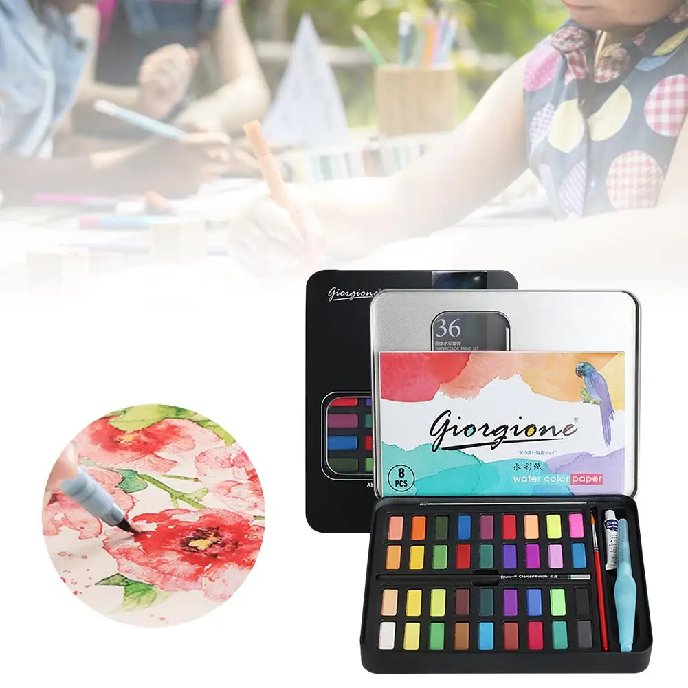 

36 Watercolour Paint Set with 8-colour Paper Tap Water Pen 2 Watercolor Brush Watercolour Paints Set for Beginners