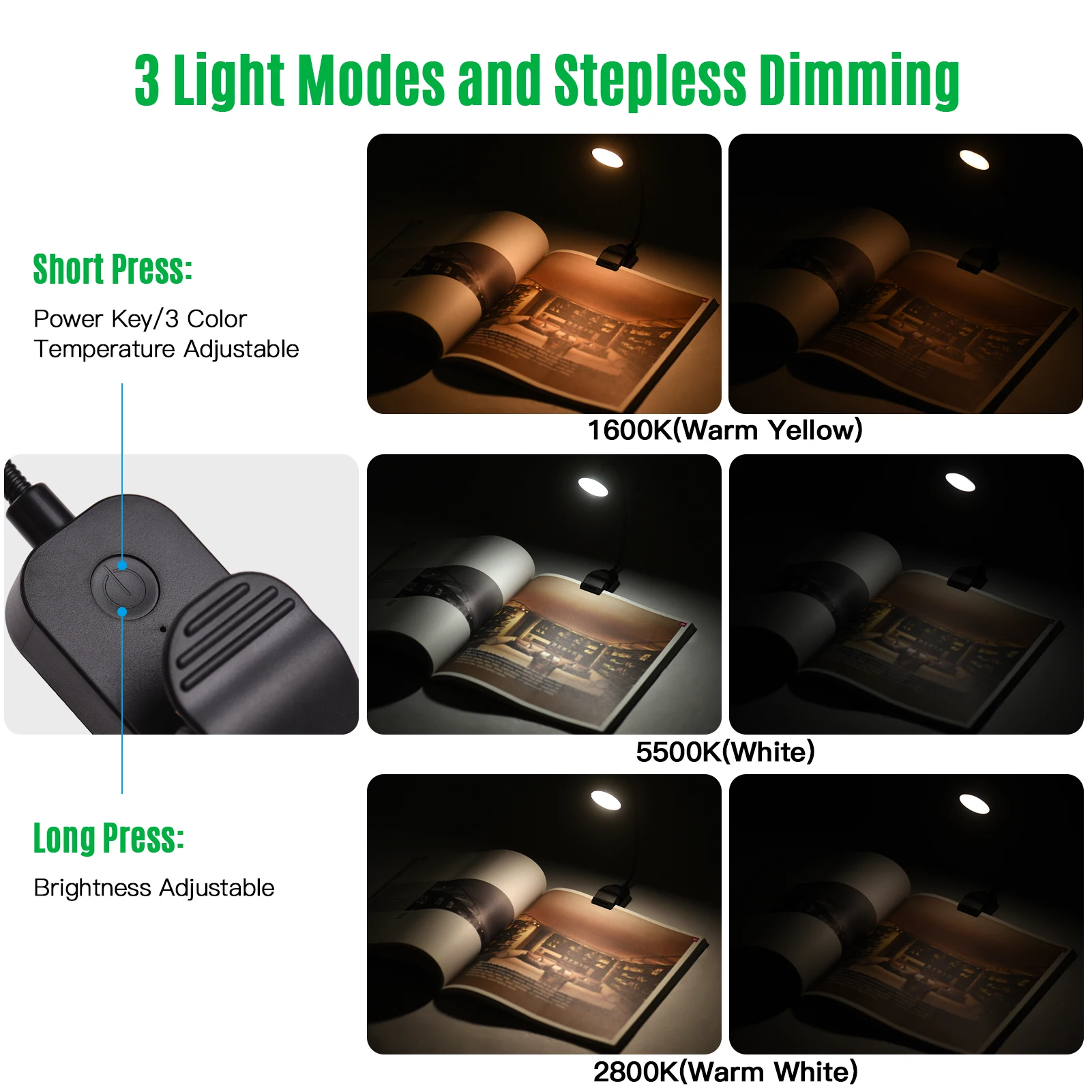 

USB Rechargeable 8 LEDs Book Light Clip On Reading Light LED Lamp Eye Protection Nightlight 3 Color Temperature Stepless Dimming