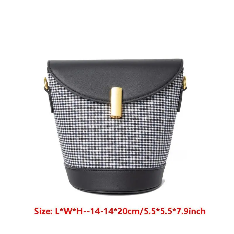 

Vintage Lattice Canvas Leather Splice Women Shoulder Bag Pu Patchwork Bucket Crossbody Bags for Women Buckle Handbags Purse 2021
