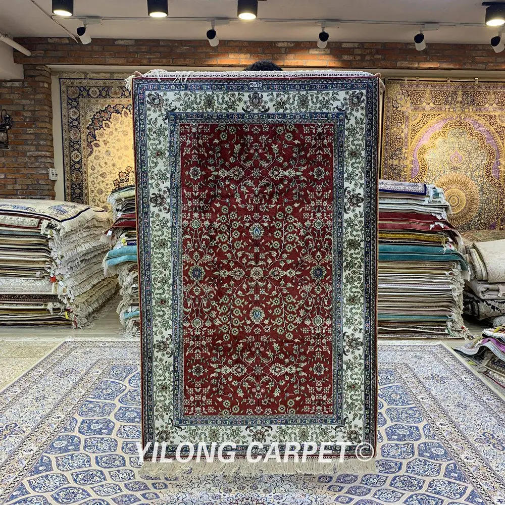 Yilong 3 'x 5' Античный персидский шелковый коврик Тебриз Красный винтажный
