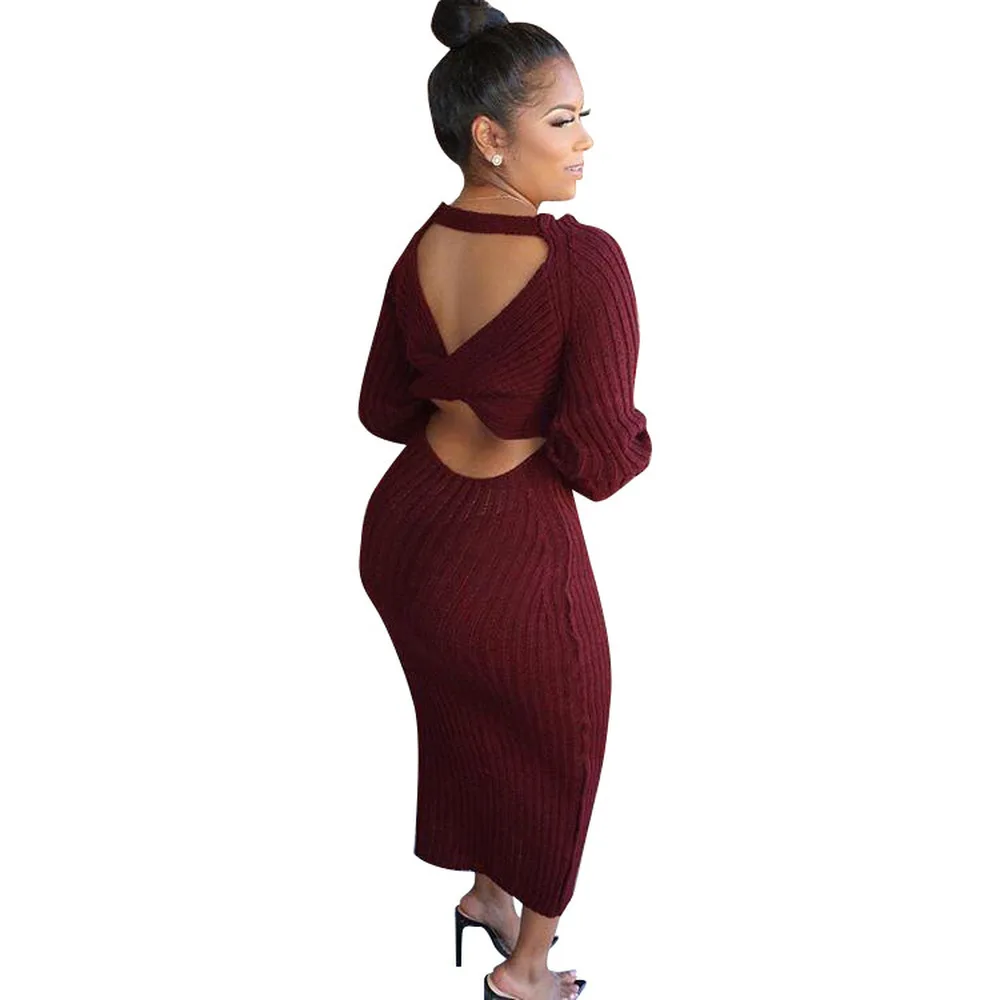 

Hollow Out Backless Knitted Sweater Dresses Women One Shoulder Full Sleeve Skinny Dress Autumn Winter Warm Soft Slim Fit Vestido