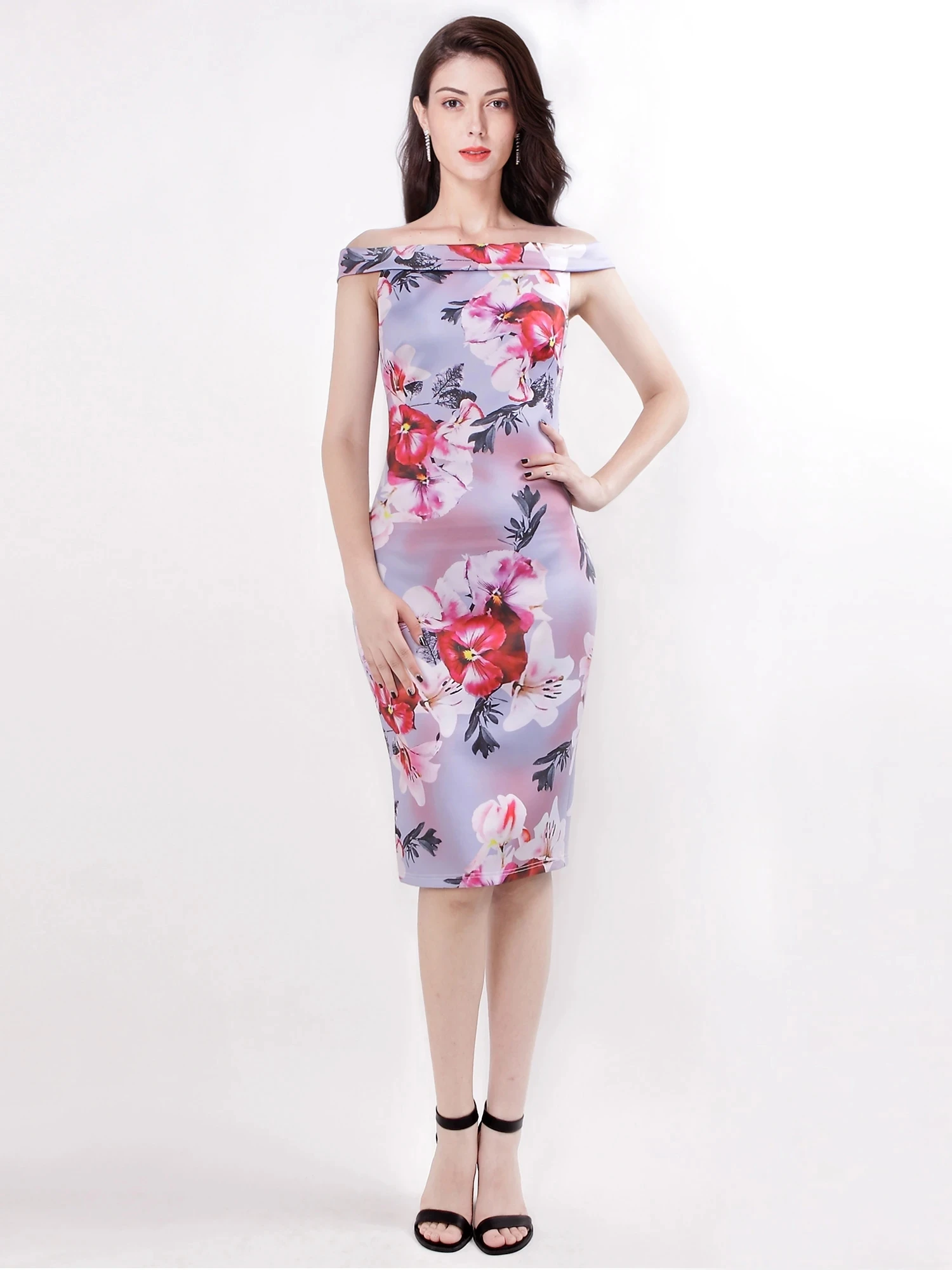 

Off the Shoulder Floral Print Keen Length Dresses for Women