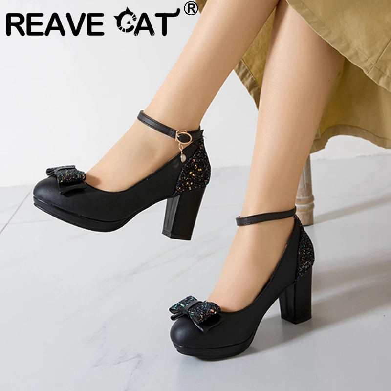 

REAVE CAT Women New 2021 Pumps Round Toe 7cm Block Heels Buckle Pearl Bling Patchwork Bowtie Stylish Sweet Big Size 43 A3651