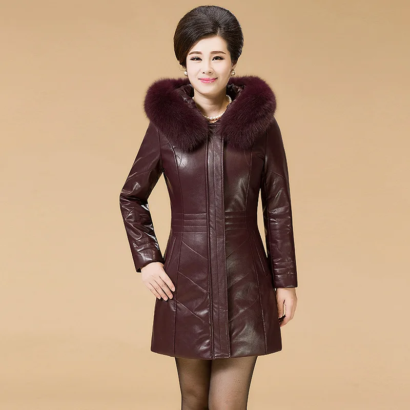 Factory Direct High Quality Winter Leather Warm Coat Middle-aged Women Hooded Slim Leather Jacket Long Coat Plus Size 8XL enlarge
