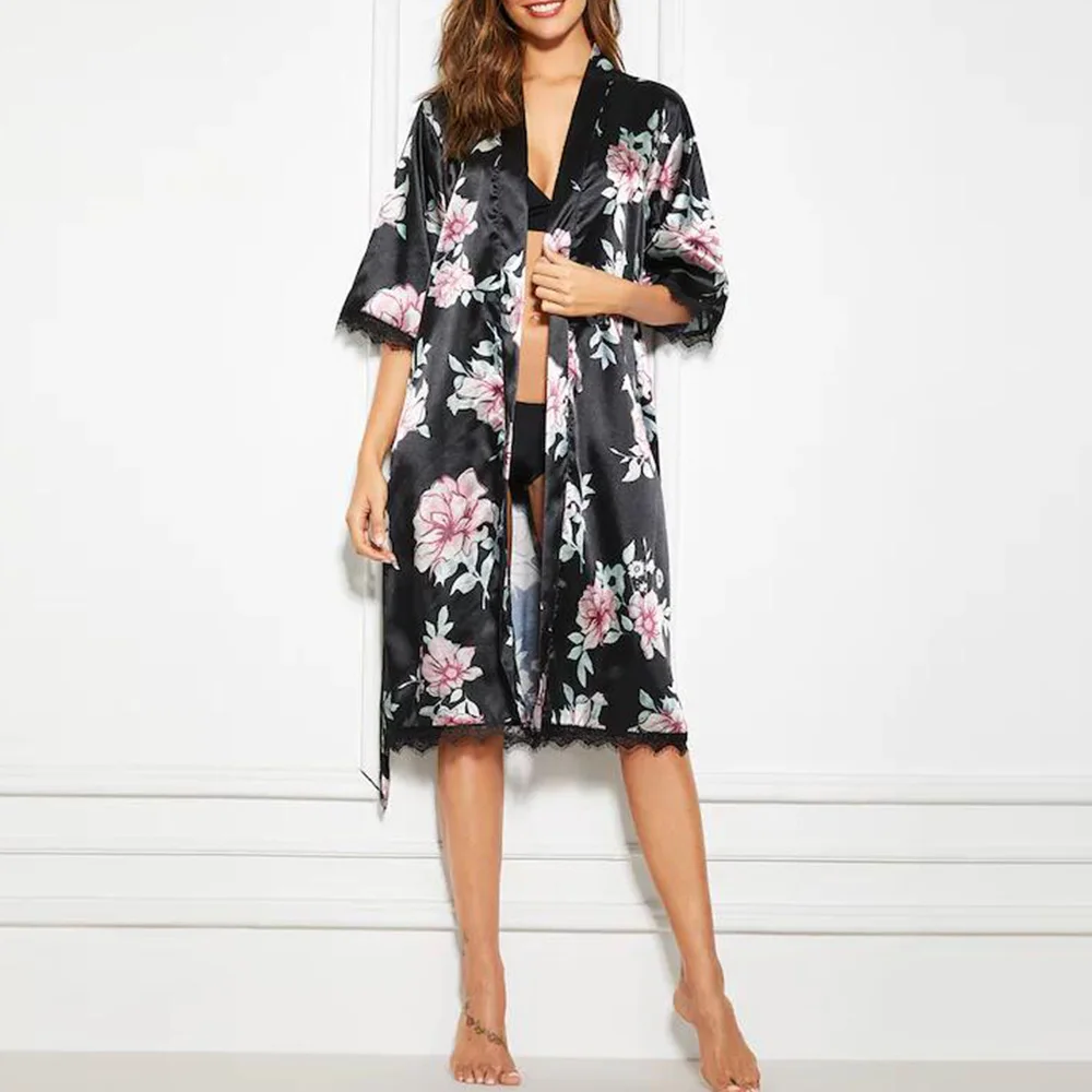 Женский Шелковый Атласный халат пижама с кружевом и принтом сексуальное нижнее