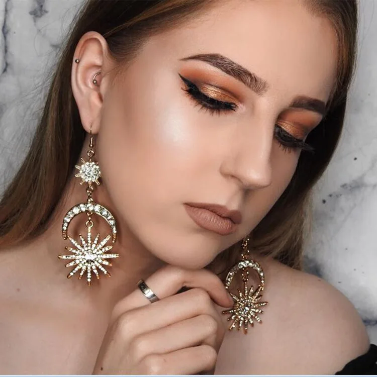 

2020 Big Luxury Sun Moon Stars Drop Earrings Rhinestone Punk Earrings for Women Jewelry Golden Boho Vintage Statement Earrings