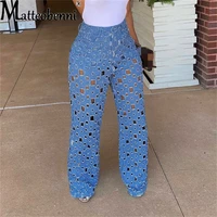 sexy hollow out wide leg pants for women high waist ripped hole autumn jeans female 2021 fashion street clothing denim trousers