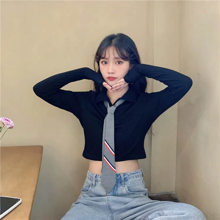 

Japanese Preppy Style Slim Turn-down Collar Long Sleeve Knitting T-shirts Women's Clothing Spring Autumn New Hipster Crop Tops