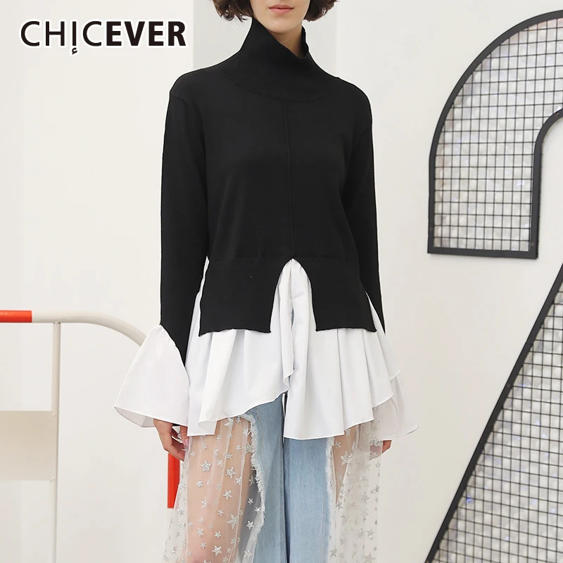 

CHICEVER Oversized Sweaters For Women Turtleneck Flare Long Sleeve Patchwork Side Split Knitted Pullovers Female 2021 Autumn New